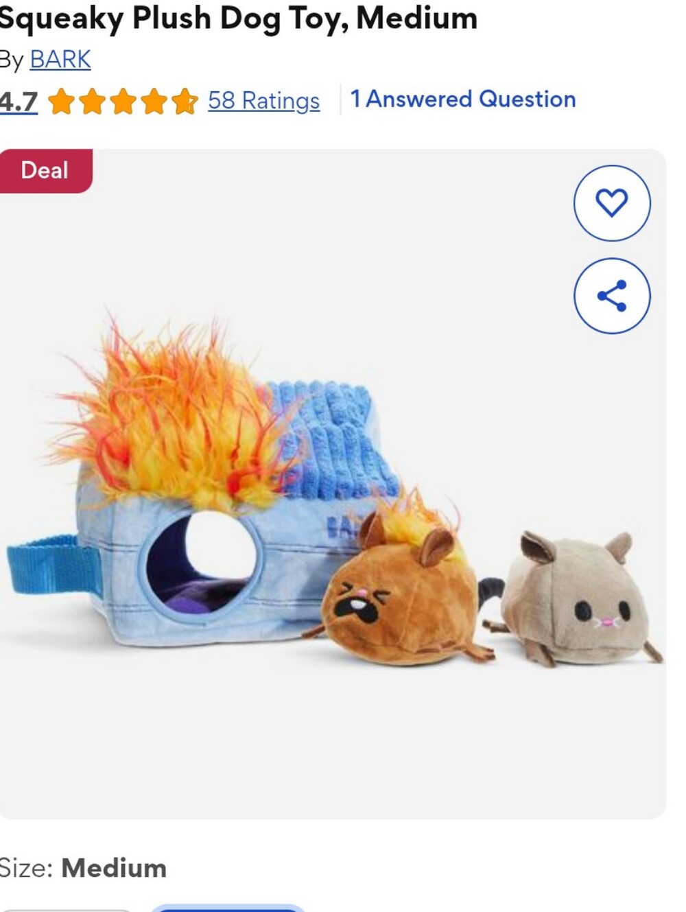 Bark Blue Dumpster Fire Plush Dog Toy with Orange and Yellow Flames MEDIUM